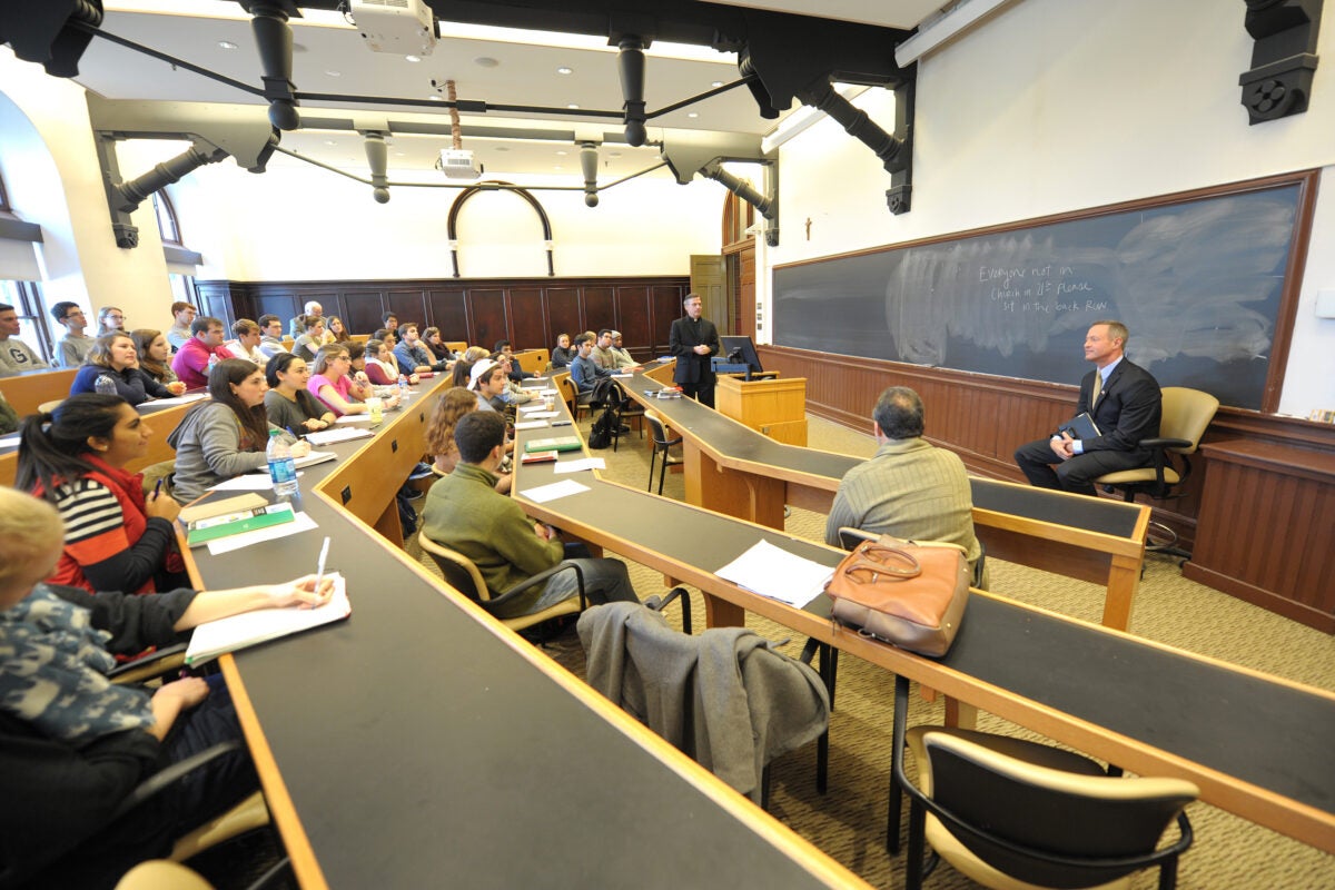 Students attend a class at Georgetown University